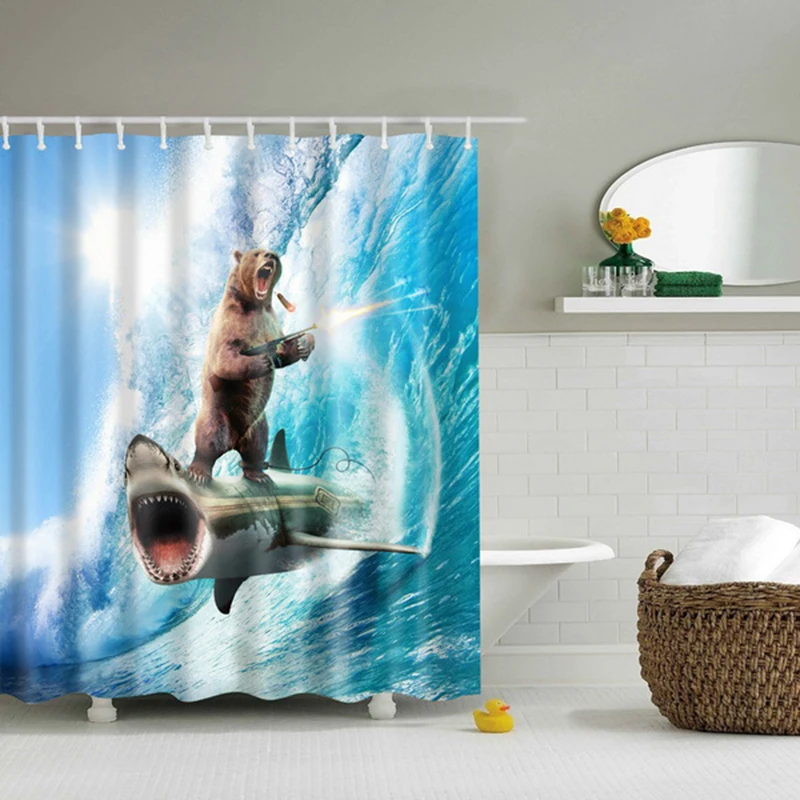 

180*180cm bear shark printed shower curtain new polyester fabric wave Gun battle bathroom curtain waterproof