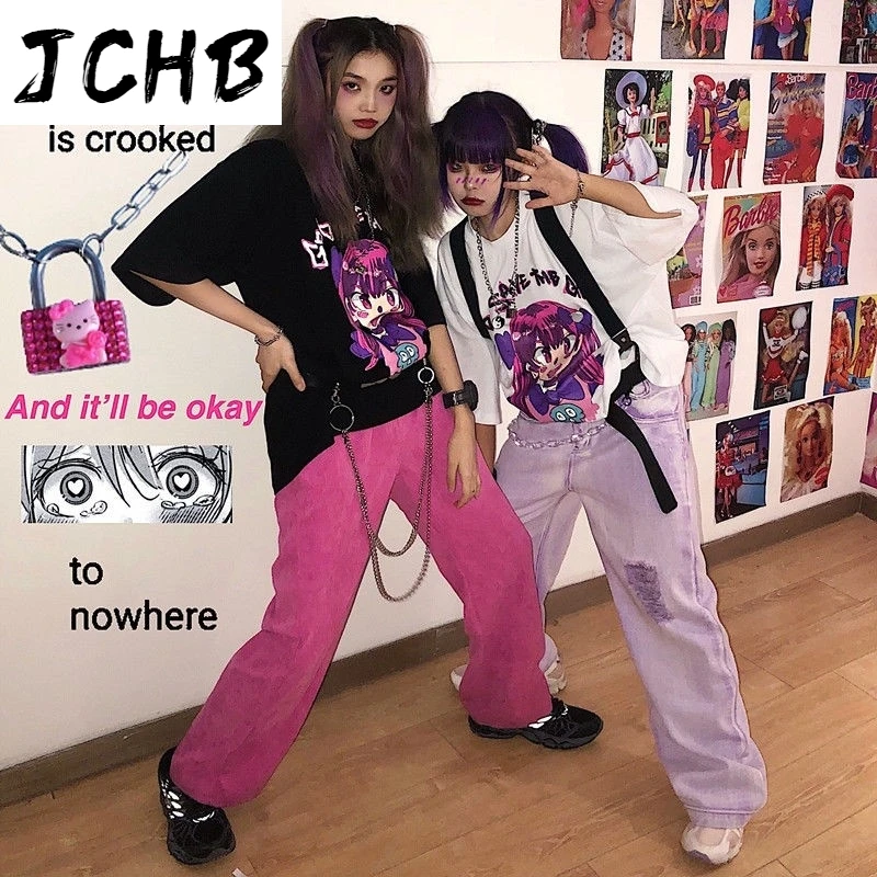 

2021 Harajuku Ins Gothic Anime Print T-shirt Women Oversized t Shirt Couple Clothes Top Graphic Korean Tshirt Tees Couple Summer