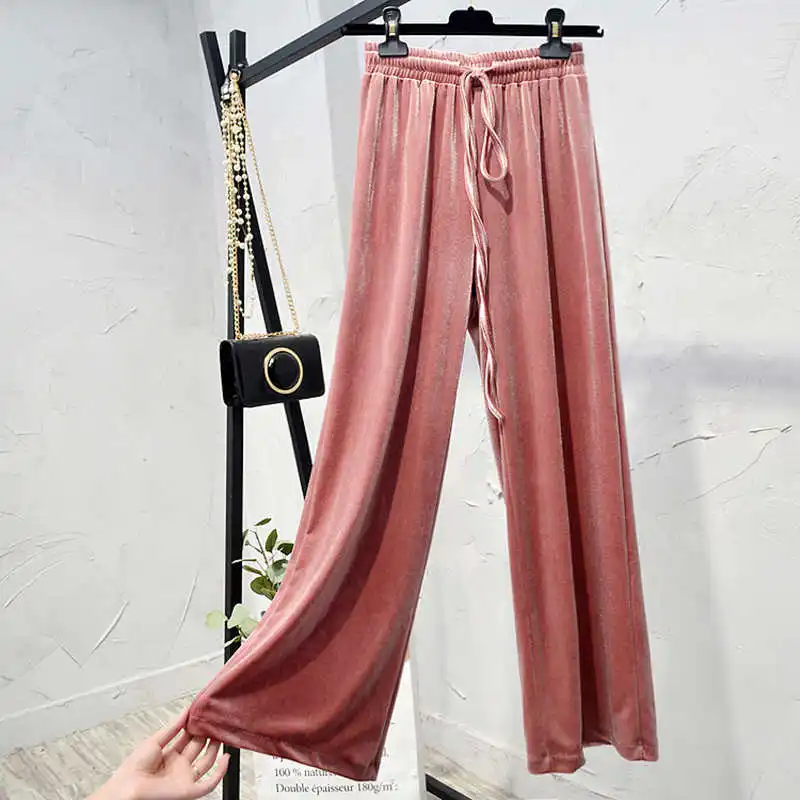 

Korean Style Autumn Winter High Waist Gold Velvet Wide-Leg Pants Women Lace Up Loose Casual Straight Long Trousers Women C6739