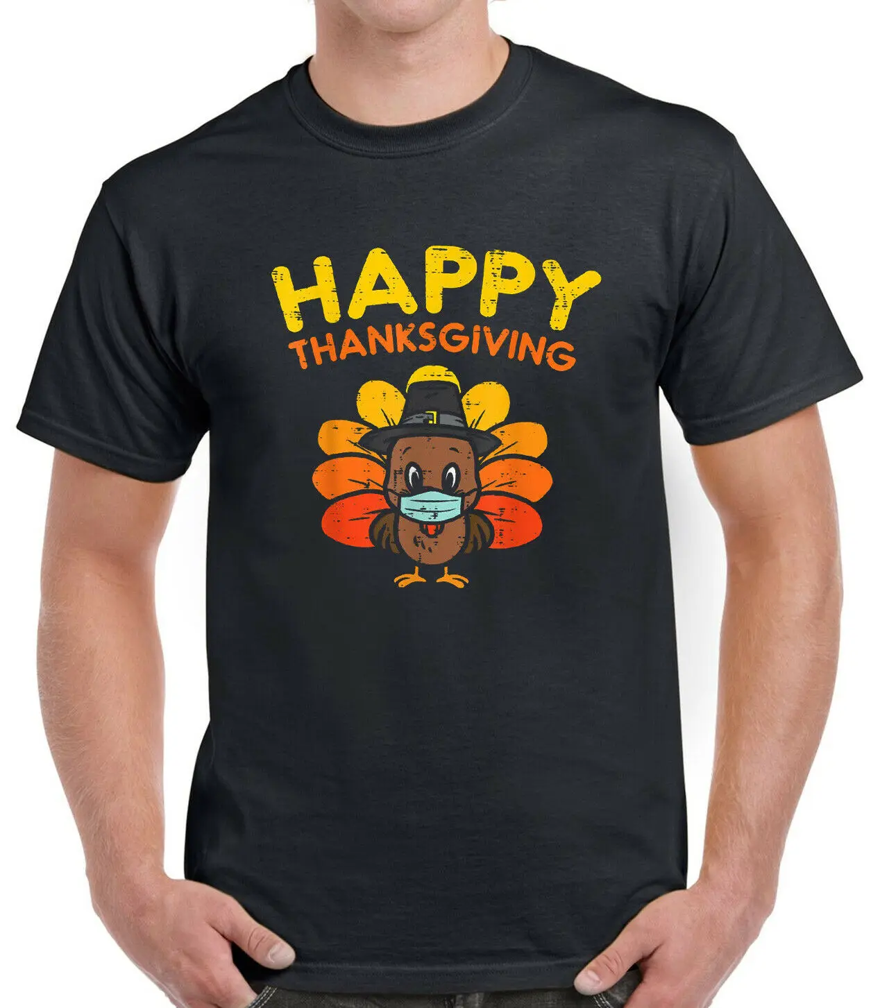 

Happy Quarantine Thanksgiving Turkey Wearing Face Mask Funny Men T-Shirt