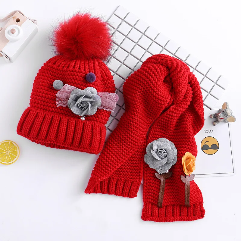 Winter Knitted 3-8 Years Fur ball beanies sets velvet wool kids Girls Knit fur hats winter 2 pcs baby girl scarf hat set HT19046 | Детская