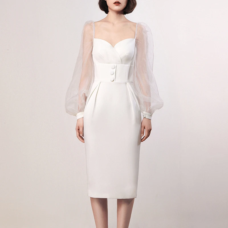 

Max Spri Trendy Sexy V Neck Mesh Puff Full Sleeve Midi Dress 2019 New Collection Women Party Office Lady Vestidos