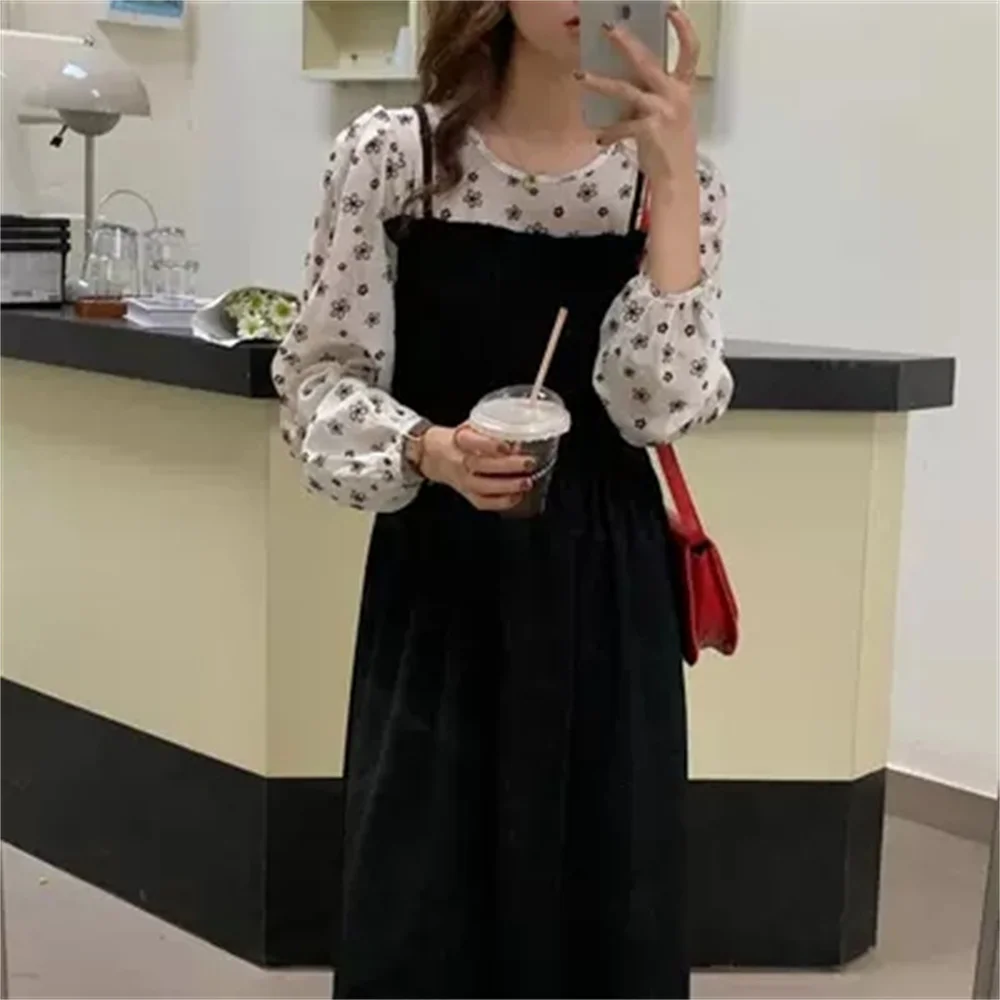 

대한민국 Slim-Fit Floral Fake Two Piece Long Dress Vintage Full Sleeve Autumn 2021 Casual Hot Stylish Lady Elegant Chic Party