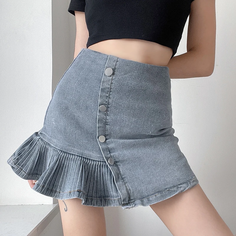 

Hippie Y2k Pleated Jeans Skirts Button Ruffles Cute Denim Skirts High Waisted Korean Fashion Skirts Women Streetwear Summer