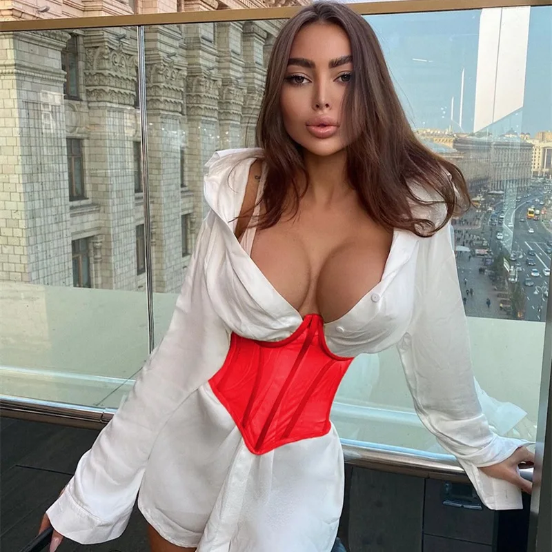

Corset Female Belt Chic Fashion Mesh Sexy Breasted Corset Femme Sleeveless Harness Corsetto Club Party Sheer Cupped Corse Solid