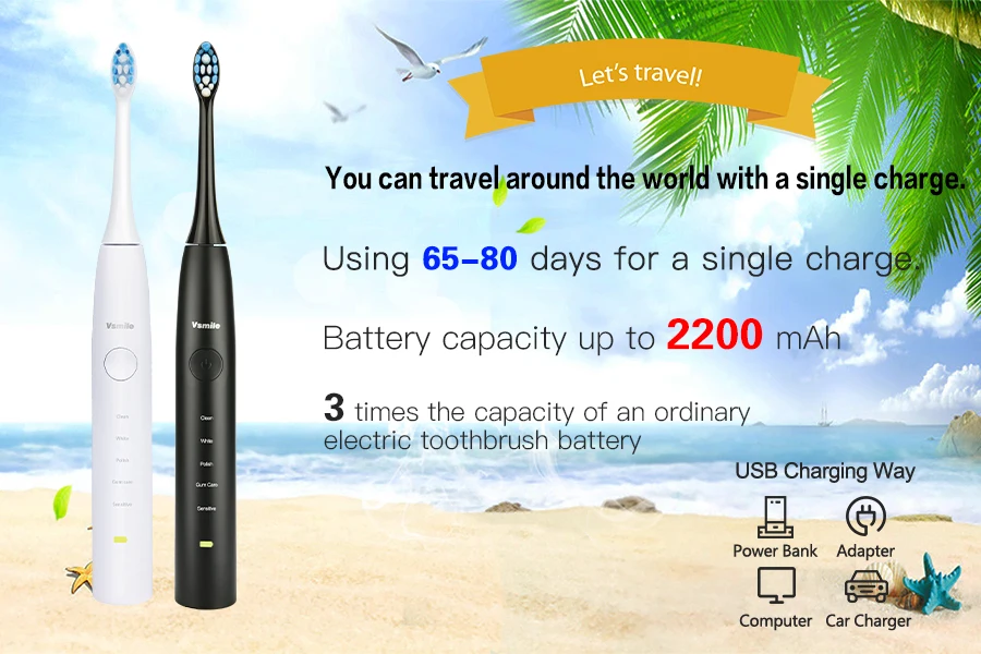 Vsmile звуковая электрическая зубная щетка 2200 мАч батарея 80 дней на одной зарядке 5 режимов 4 щетки головы путешествия отбеливающая умная зубная щетка