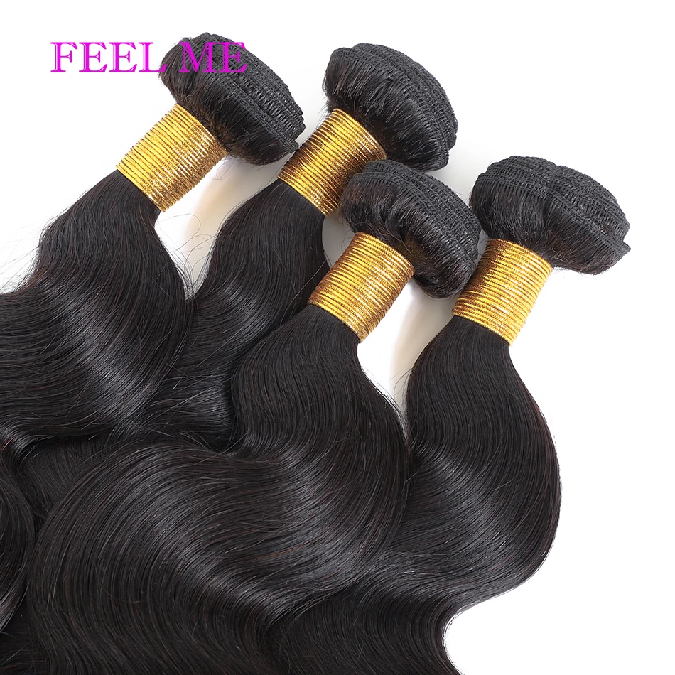 FEELME Body Wave Indian Hair Weave Bundles 100% Human 3/4pcs Extensions Color #1 Dark Black | Шиньоны и парики