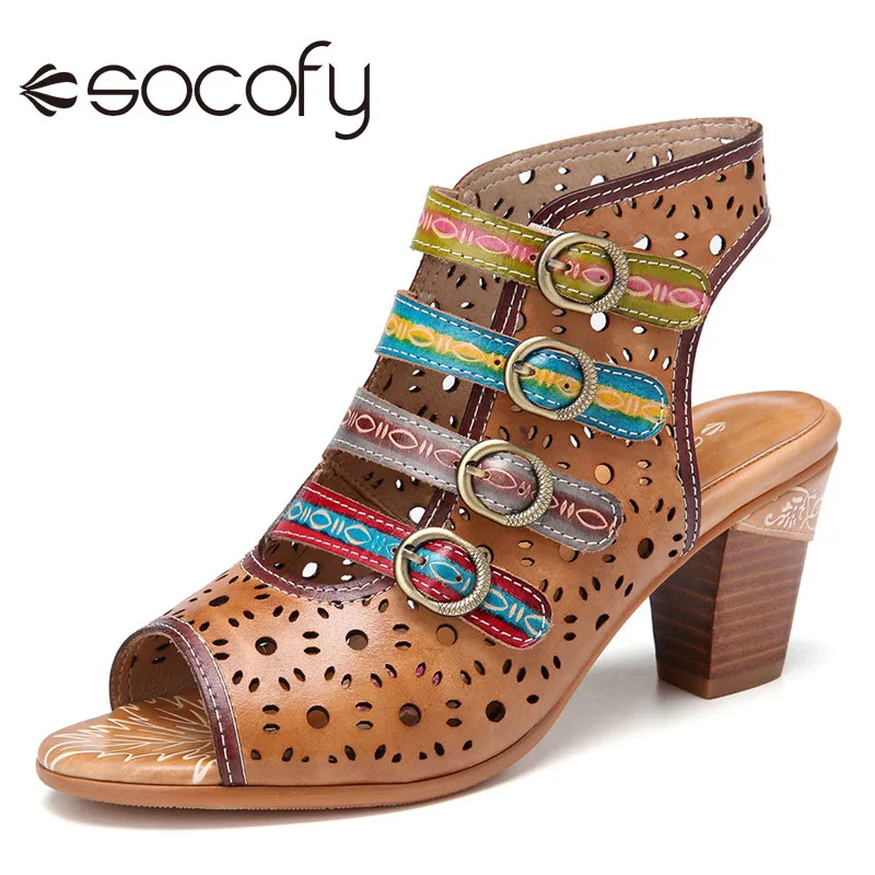 

SOCOFY Womens Bohemia Style Hollow Out Sandals Buckle Pump Hook Loop Open Toe Backless Block Heel Casual Outdoor Shoes 2020