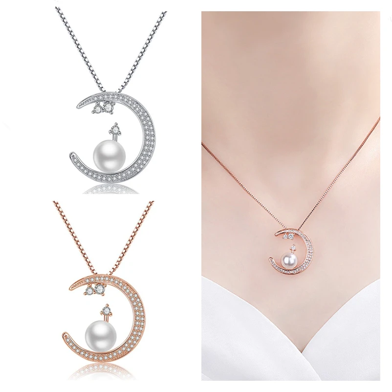 

Luxury Zircon Moon Star Pendant Necklace Female Choker Accessories Lady Cute Pearl Necklaces Silver Plated Women Birthday Gift
