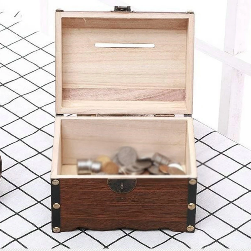 

Retro Wooden Treasure Chest Money Bank with Lock Decorative Storage Box for Keepsakes, Money, Jewelry, Toy Treasures