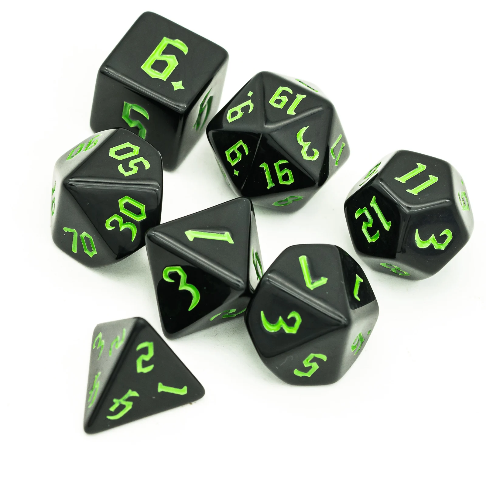

Poludie 7Pcs/Set DND Dice Set Green Sickle Font Polyhedral Dice D4 D6 D8 D10 D% D12 D20 for Role playing Game D&D RPG MTG Dice