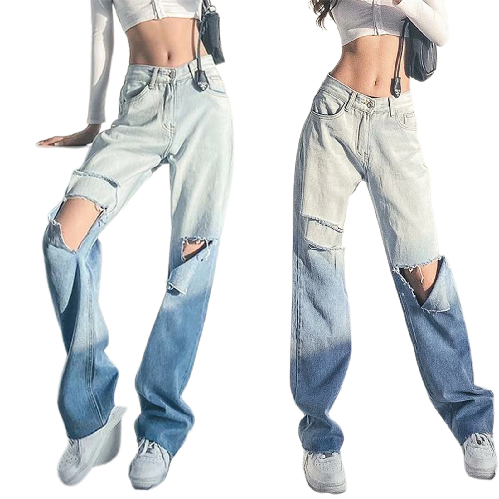 

Women Loose Style Jeans, Blue Gradient Color High Waist Straight-leg Trousers, XS-XXL
