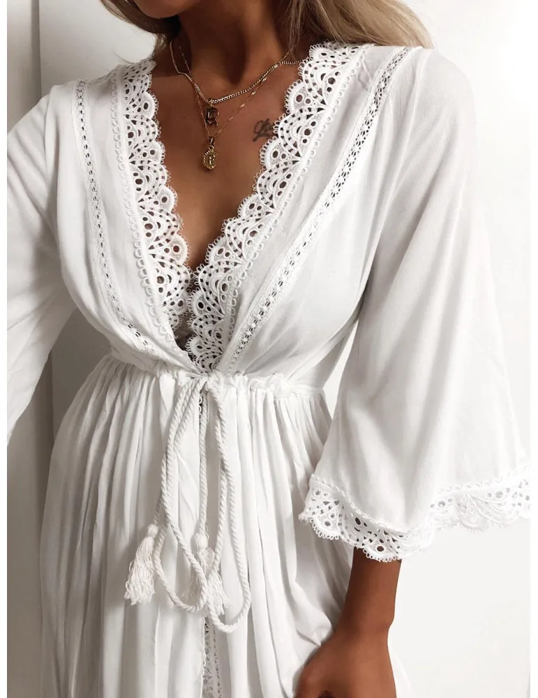 Пляжное платье-кардиган Женский длинный халат мягкое ажурное кружевное