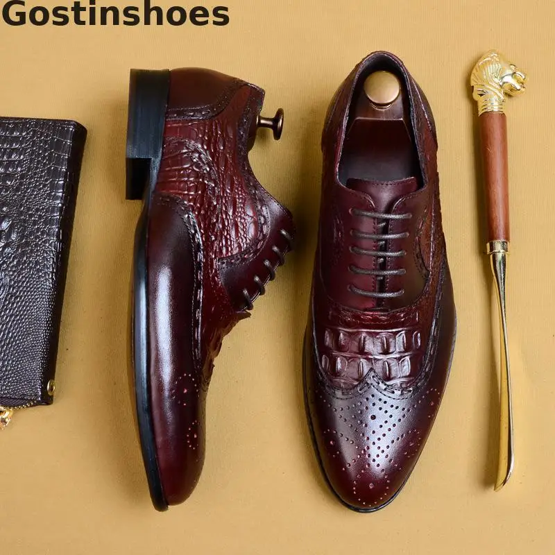 Роскошные мужские туфли из телячьей кожи цвет черный коричневый Туфли броги