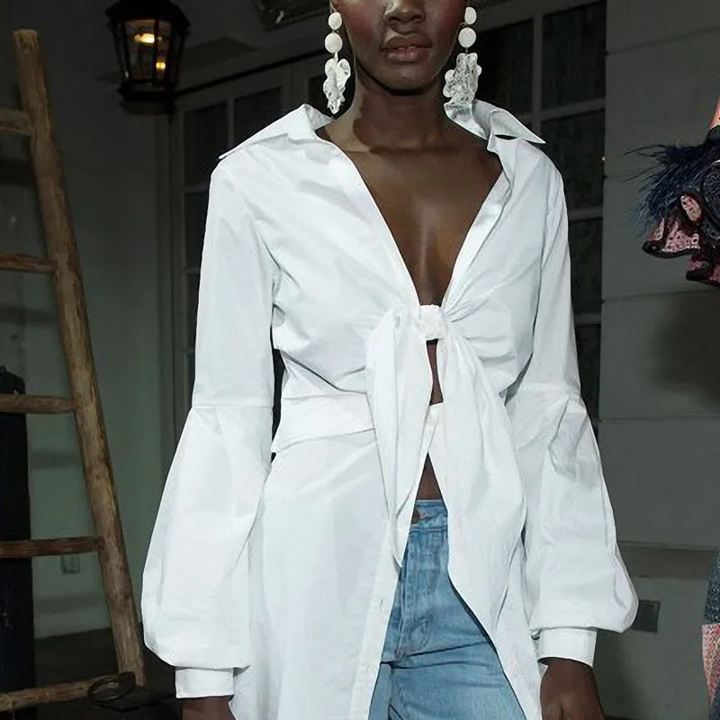 VGH весенние сексуальные женские рубашки с рукавом фонариком и бантом блузки