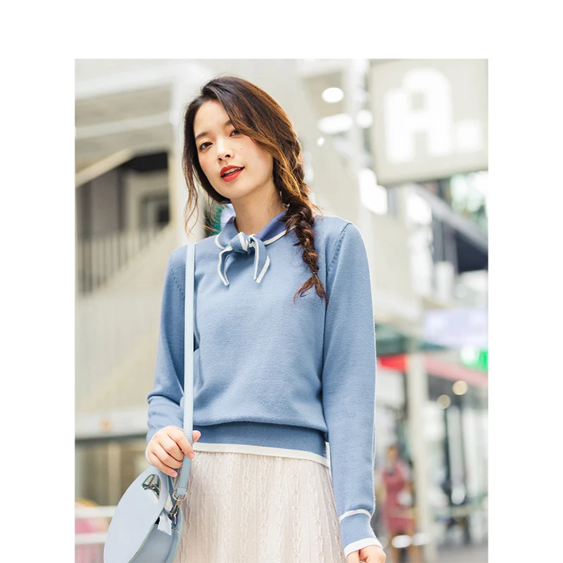 INMAN зима литературный заячьи ушки галстук сине-белые свободные трикотажные Для