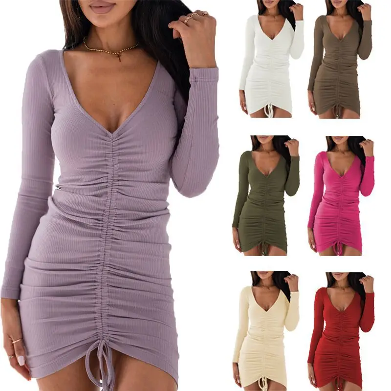 

Knitted Solid Bodycon Mini Dress Women V Neck Long Sleeve Slim Drawstring Package Hip Party Clubwear Drawstring Short Dresses