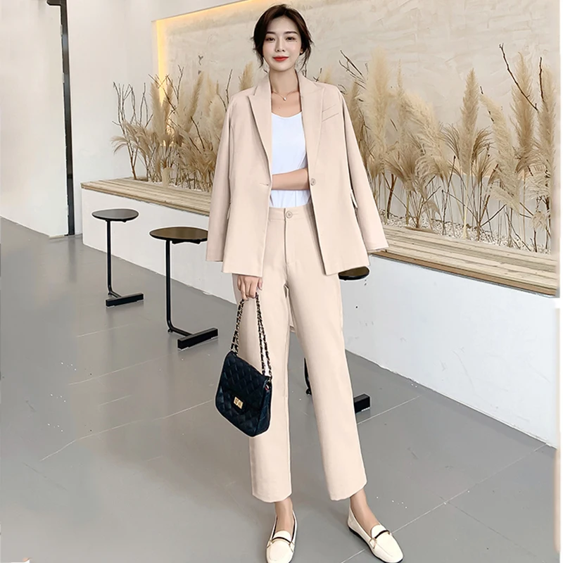 New Arrival Women Notched Long Sleeve Blazer With Belt Straight Long Pants 2 Piece Set Female Caramel Casual Pants Suit S98302F