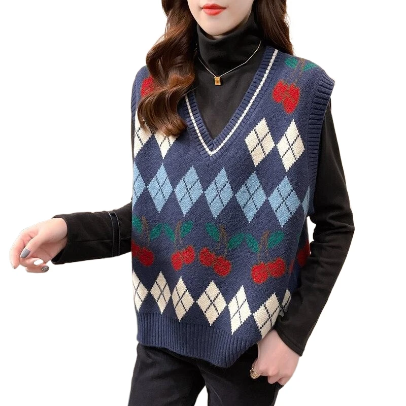 

Women's knitted vest waistcoat jacquard vintage clothes sleeveless jacket sweater retro sweater V-neck red top aesthetic preppy