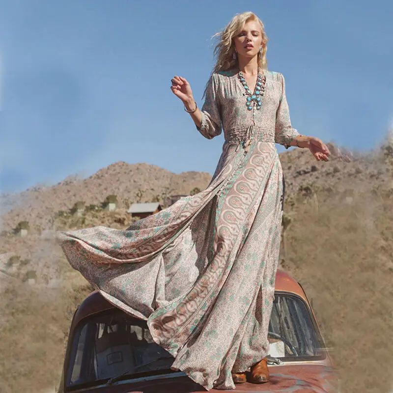 

Summer Women Deep V Boho Dresses Retro Floral Printing Dress Long Maxi Dress