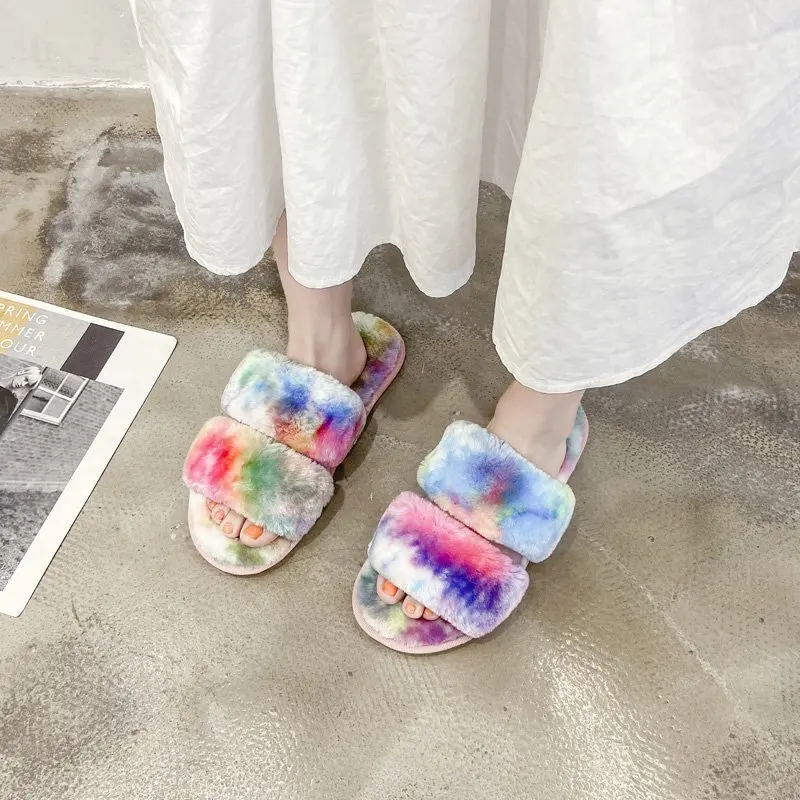 

Women's fur Winter slippers 2021 Plush fluffy Home Slippers Women Cozy Soft Warm Furry Flat Indoor House Shoes Casual Flip Flops