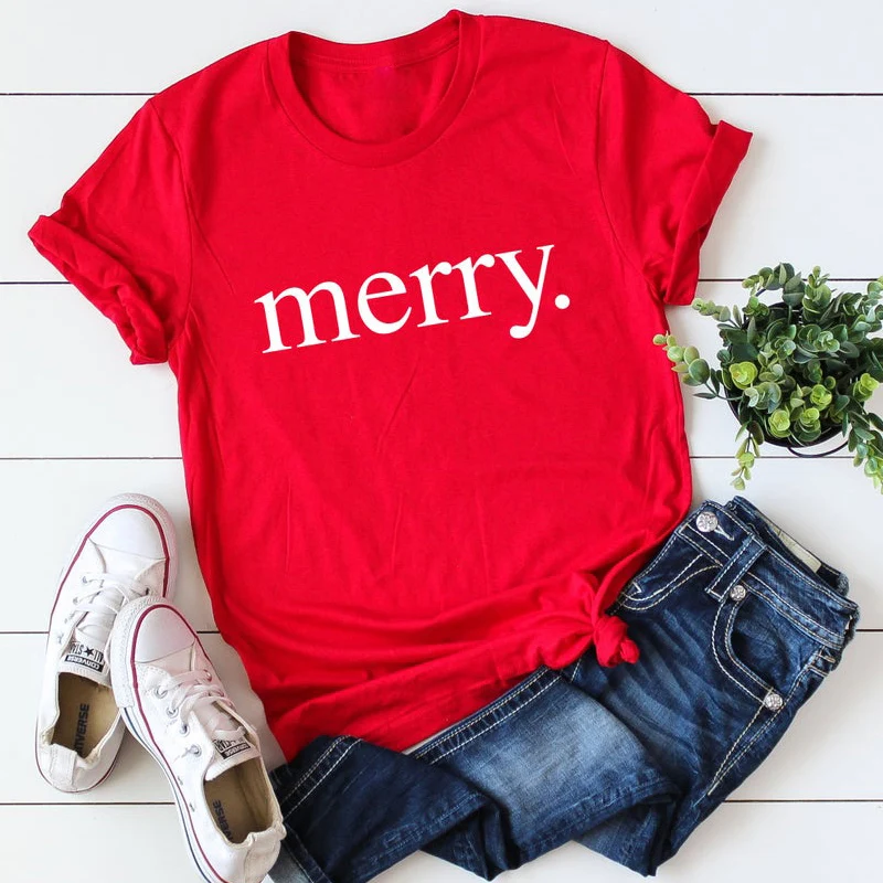 

Merry Letter Printed Red Beige Tops Short Sleeved Graphic Tshirts Clothing Fashion Polyester Christmas Tops Women 2020