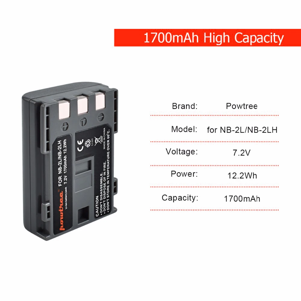 Powtree 1.7Ah NB 2L NB2L 2LH NB2LH цифровой Камера Батарея + Зарядное устройство для Canon Rebel XT XTi