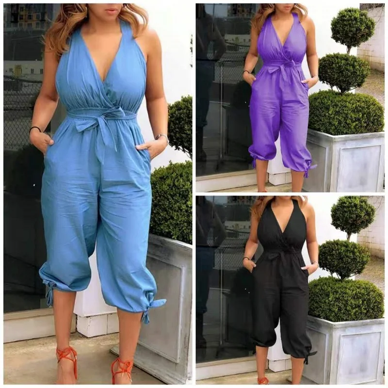

Female Sexy Solid Sleeveless Jumpsuit Backless V-Neck Lace Up Overalls Summer Women Casual Pocket Combinations Streetwear Outfit