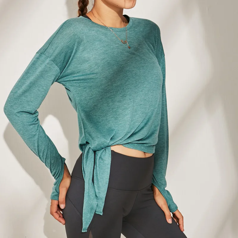 Белый длинный рукав женщины футболка Фитнес Женская Спортивная одежда на