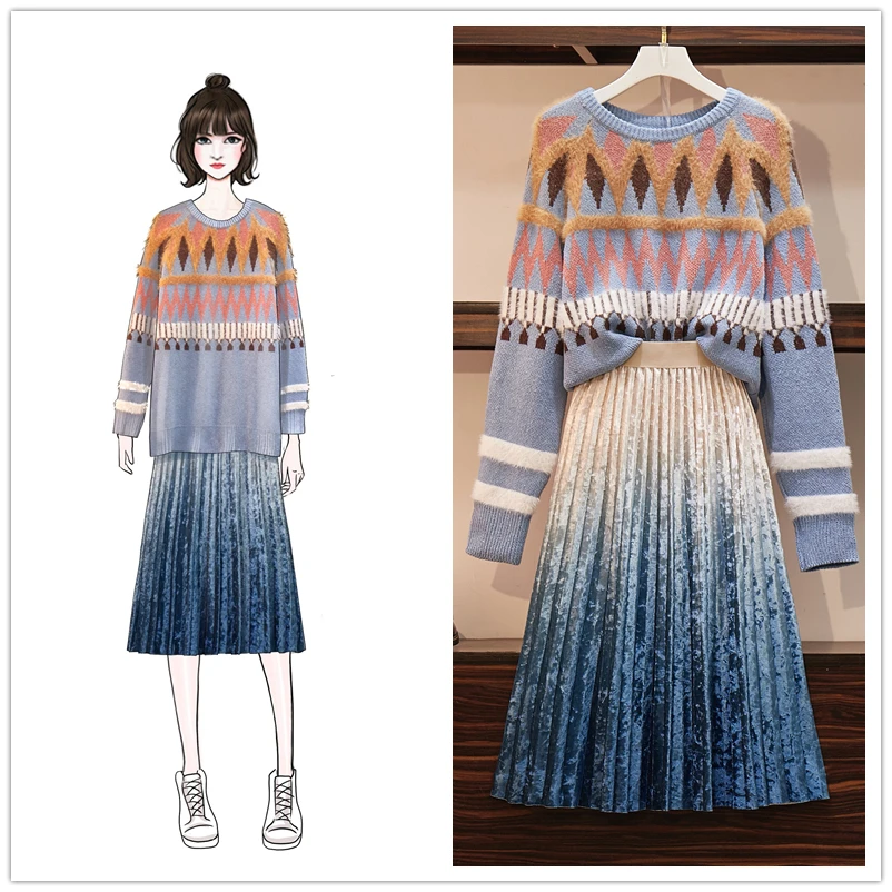 Зимний Тонкий женский свитер размера плюс Женская юбка из двух частей импортный