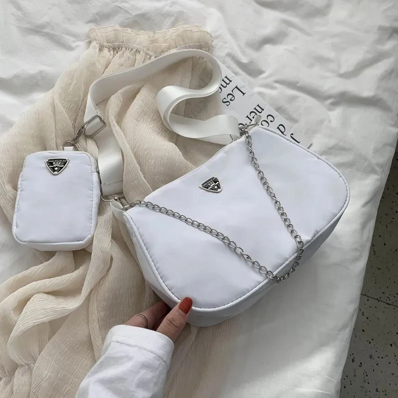 

2021 New Fashion Black Shoulder Bag For Women Nylon Chains Crossbody Bag Large Capacity Messenger Bag 2pcs Daily Lady Handbag