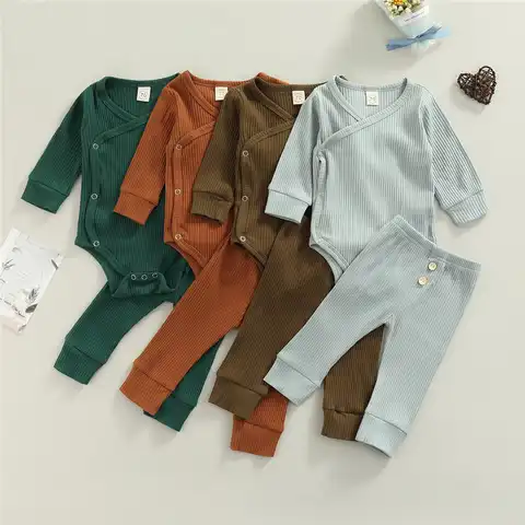 Осенняя одежда для новорожденных младенцев мальчиков девочек трикотажные брюки на кнопках Детские комплекты