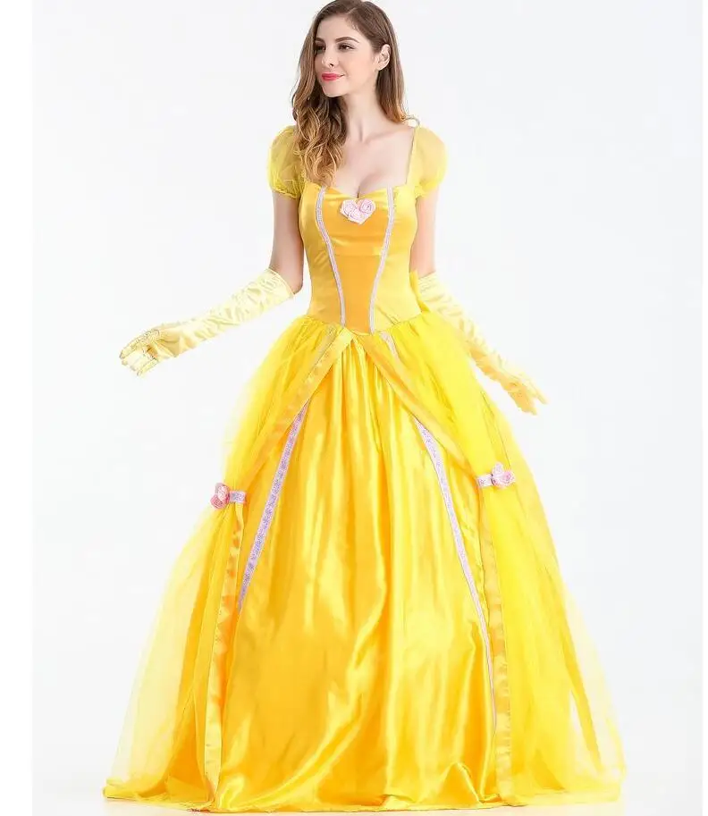 Halloween Beauty and the Beast Cosplay Costumes Adult Belle Princess Dresses For Women Anime Party Flower Yellow Long Dress |