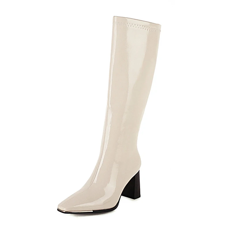 

ANNYMOLI Knee High Boots High Heel Woman Boots Zip Block Heel Long Boots Square Toe Ladies Shoes Autumn Winter Apricot Size 46