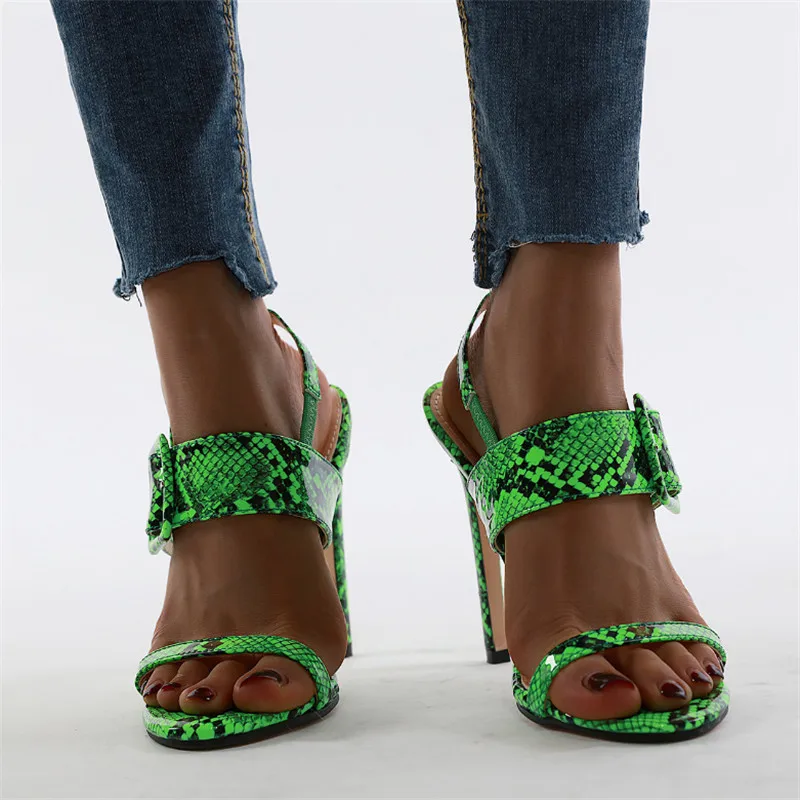 

Женские босоножки на высоком каблуке, сандалии с открытым носком и пряжкой, цвет Змеиный, зеленый, леопардовая расцветка, размер 40, для лета, ...