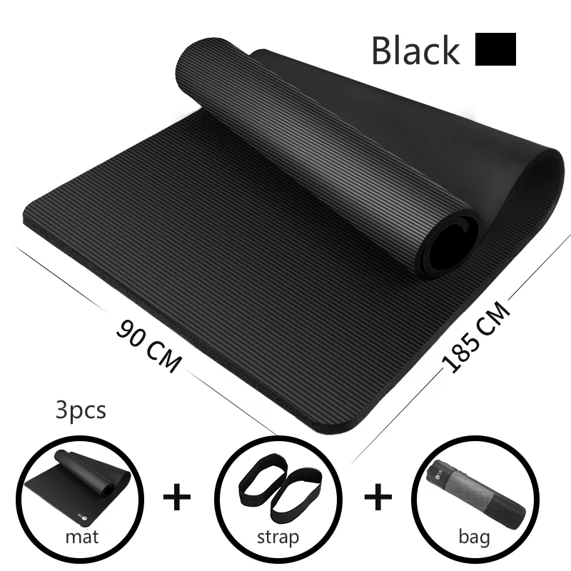 3pcs black 185*90 см увеличенный Коврик для йоги 15 мм утолщенный NBR коврик для фитнеса Для Йоги начинающих мужской коврик для спортзала нескользящий коврик для бодибилдинга - Цвет: 3pcs black