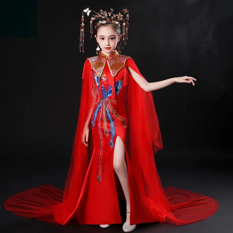 

Children Red Cheongsam Runway Evening Dress Girls Chinese Wind Country Tide Performance Dress Trailing New High-end Blue