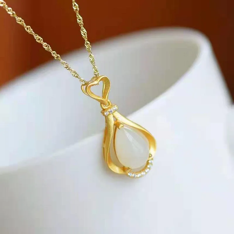

New Natural Hetian Jade Drop Pendant Delicate 925 Silver Hollowed-out Prayer Necklace Designed For Women Jewelry
