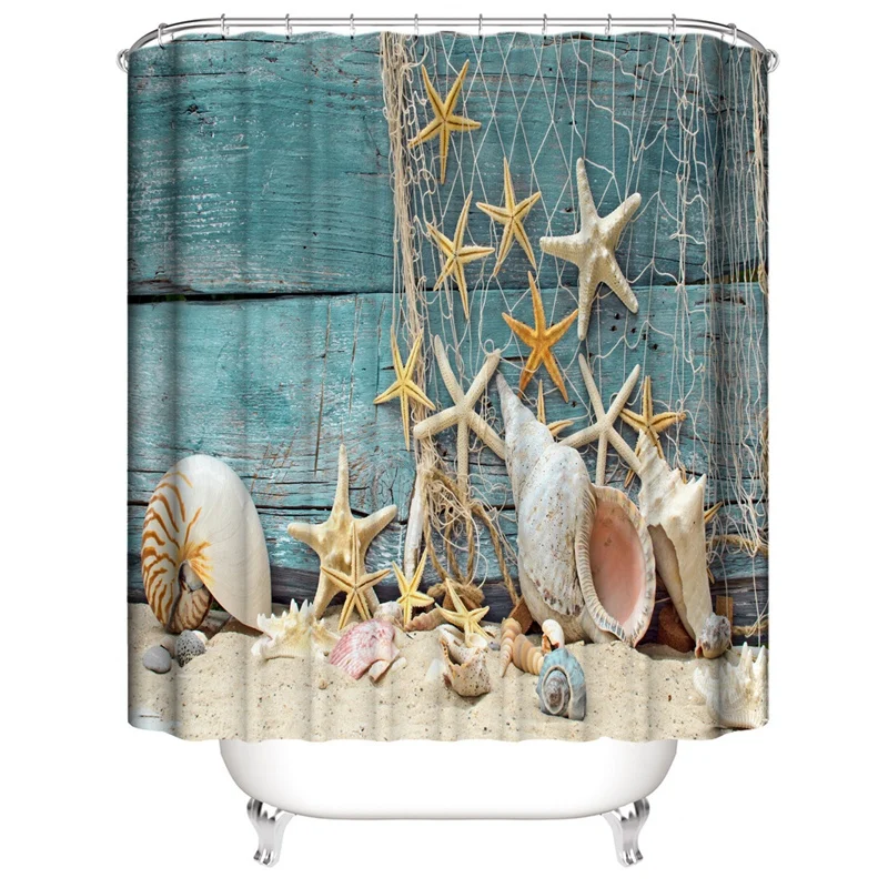 

Beach Style Waterproof Bathroom Shower Curtain Toilet Cover Mat Non-Slip Rug Set with Hook