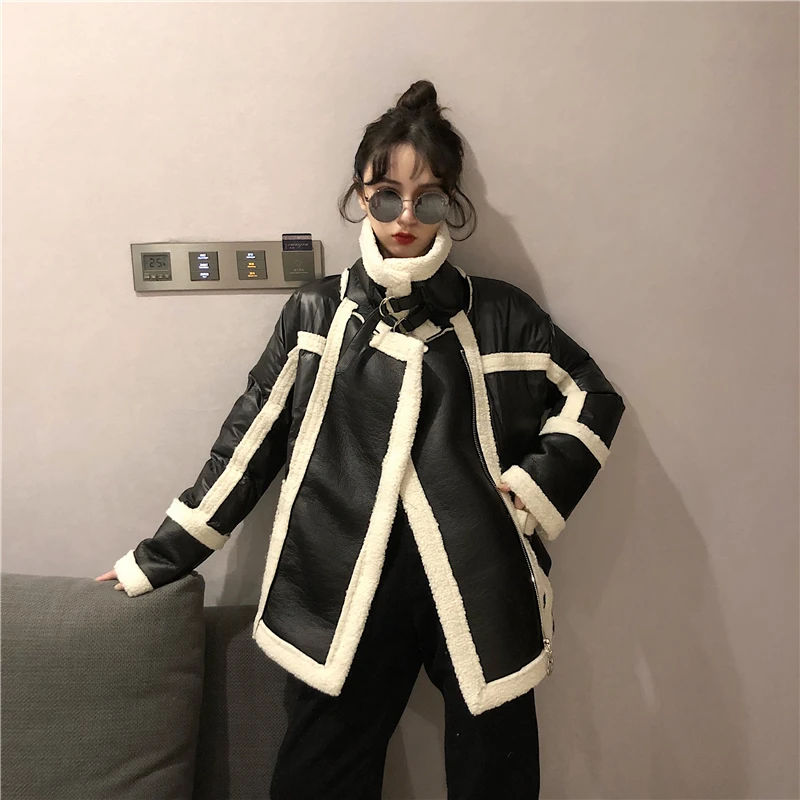 WHITNEY WANG осенне-зимняя модная уличная шерстяная куртка из искусственной кожи с подкладкой женская кожаная куртка в байкерском стиле Толстая парка пальто