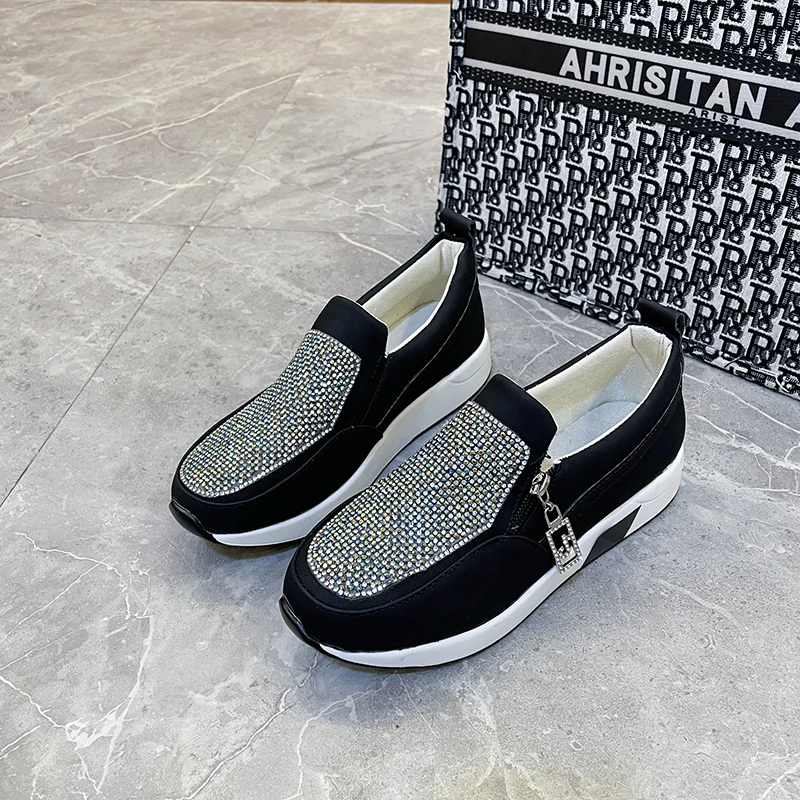 

Women's Platform High Heels Autumn Winter New Loafers Bling Bling Rhinestone Zip Pumps Ladies Flat Casual Shoe Sport Shoes 42 43
