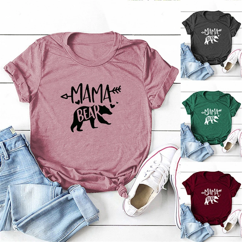 New product women's simple T-shirt summer mother bear print MAMA BEAR  letters round neck loose comfortable top