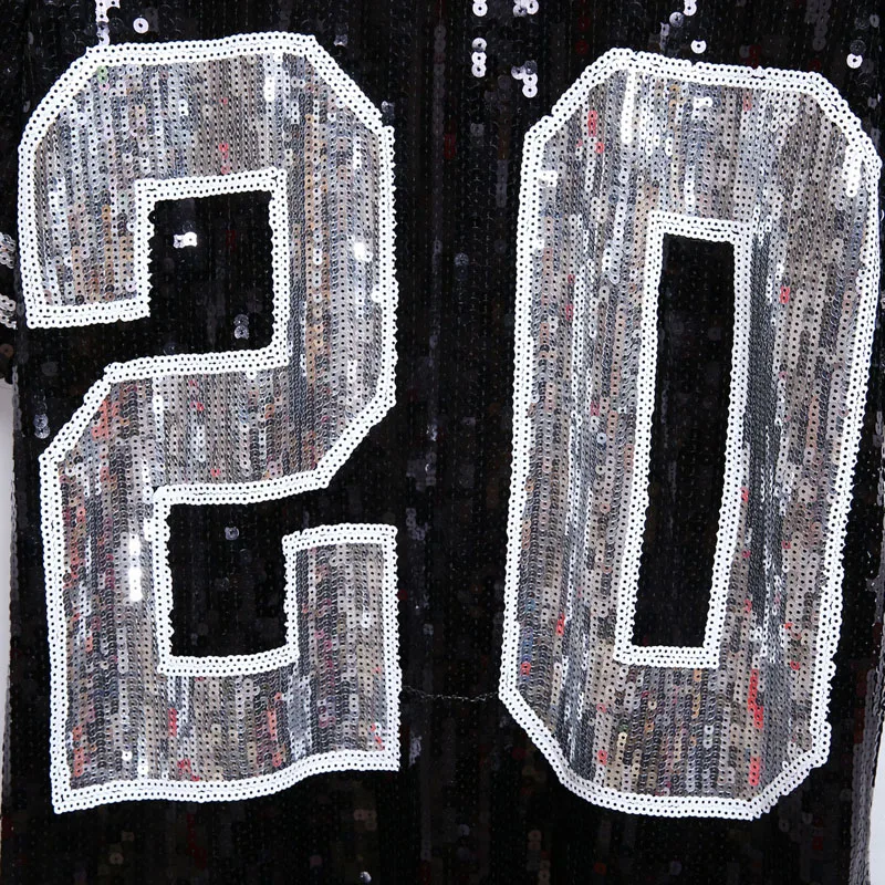 

Shiny Women Hip Hop Half Sleeve Sequin T-Shirt Loose Oversized Number 20 Long Jersey Tee Top Cub Dance Performance Streetwear