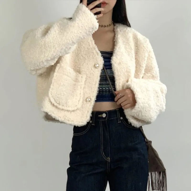

Fashion Autumn Winter Short Coats Women Shaggy Warm Jackets Single Breasted Pocket Outwear Top Casual Loose Long Sleeve Overcoat