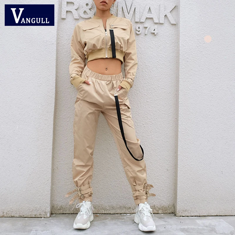 

Vangull Women Fashion Two Pieces Suit Solid Safari style Crop short Top Long pants Female Casual Basic Cotton Streetwear Sets