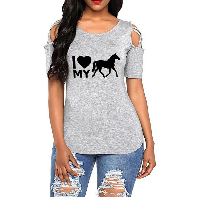 

New T-Shirt For Women I Love My Horse Letters Print Bandage Off Shoulder T-shirt Summer Leisure Female Tops T-shirt Loose