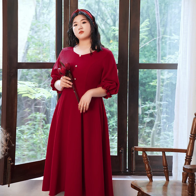 

Evening Dress New Zipper Back Button O-Neck Half Sleeves Tea-Length A-Line Burgundy Elegant Plus Size Women Formal Gowns D460