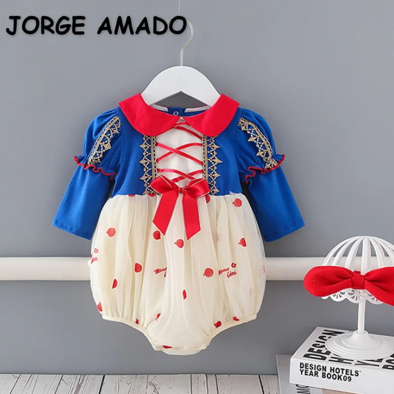 

2021 New Autumn Baby Girls Bodysuit Long Sleeves Peter Pan Collar Bow Patchwork Princess Jumpsuit Sweet Newborn Clothes E5356