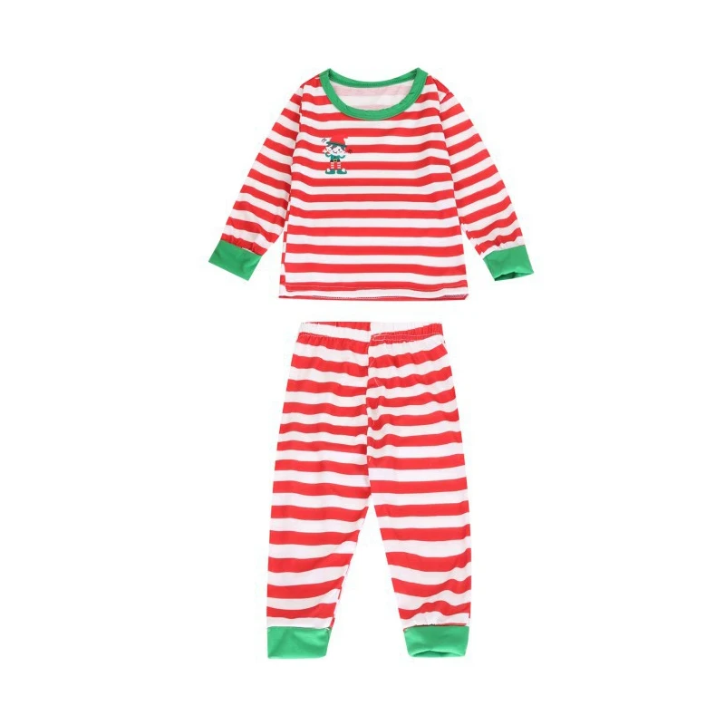 Christmas Family Pajamas Set Printed Long Sleeve Top & Stripe Pants Sleepwear Loungewear Men Women Kid Homewear
