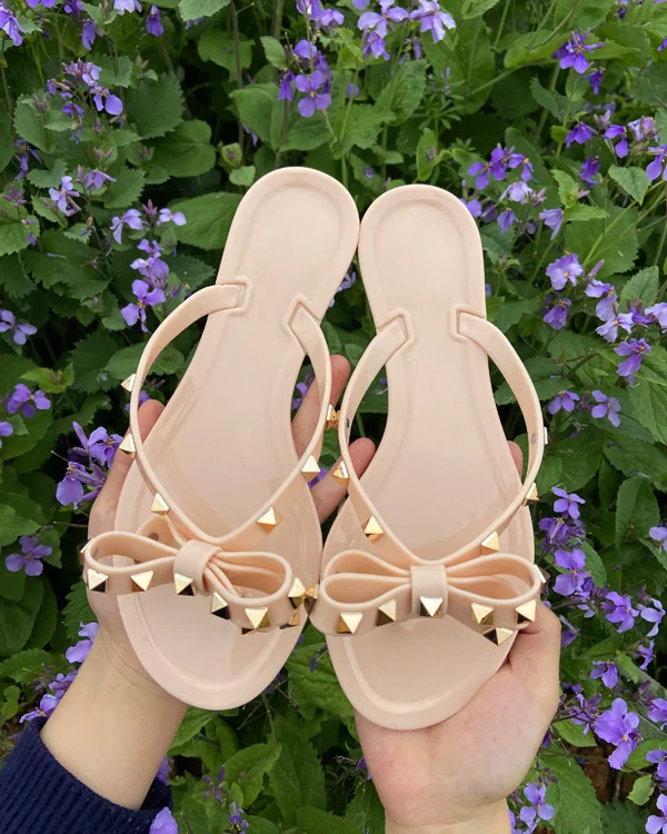 

2020 Woman Flip Flops Summer Shoes Slippers Cool Beach Rivets big bow flat sandals Brand jelly shoes sandals girls Big size 42